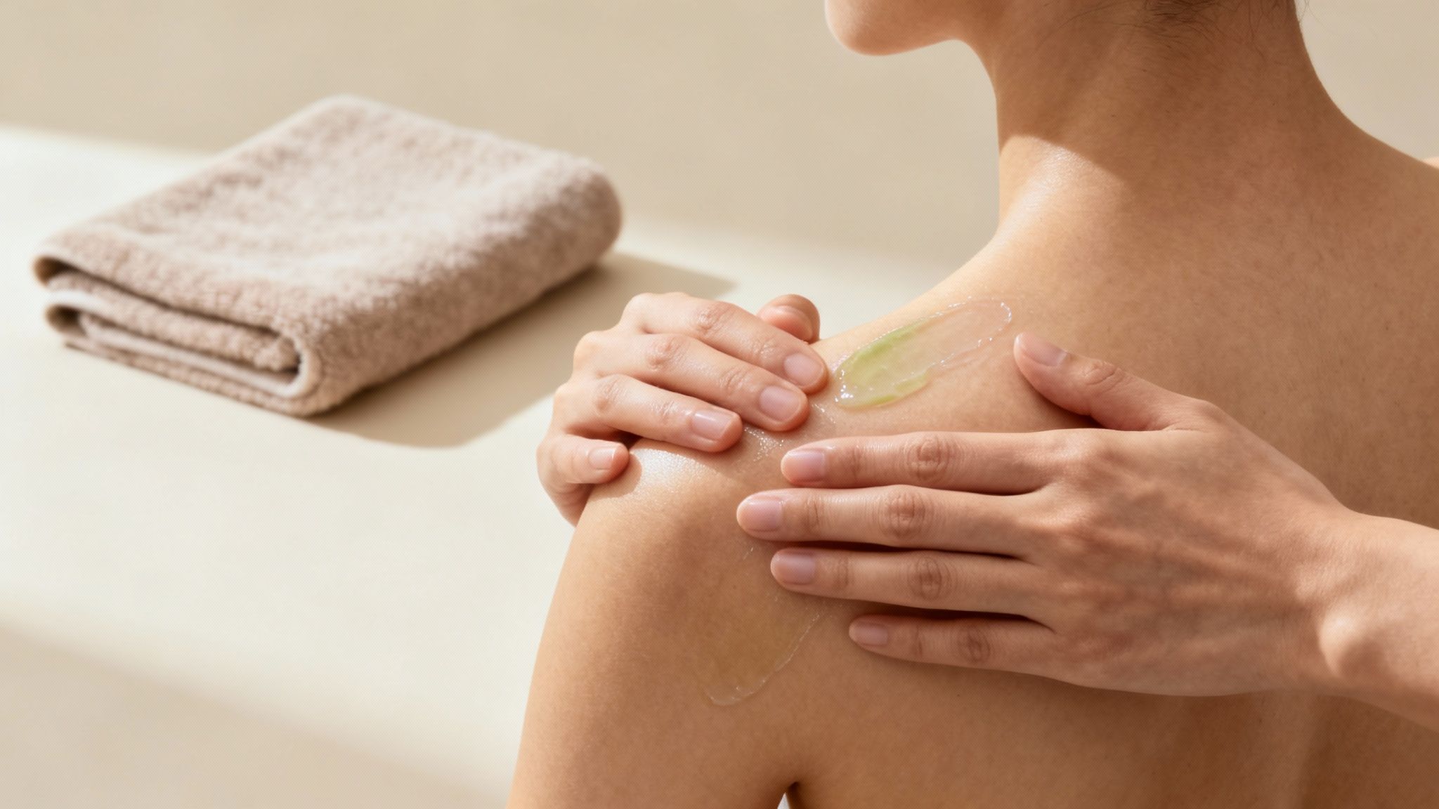 A person massaging aloe vera heat lotion onto their knee in a circular motion.