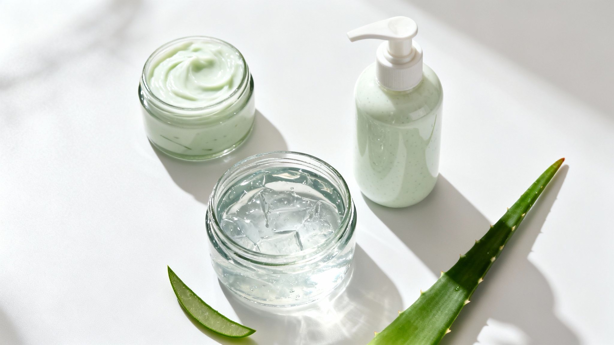 Aloe vera skincare products including cream, gel, lotion, and fresh leaves on white surface.