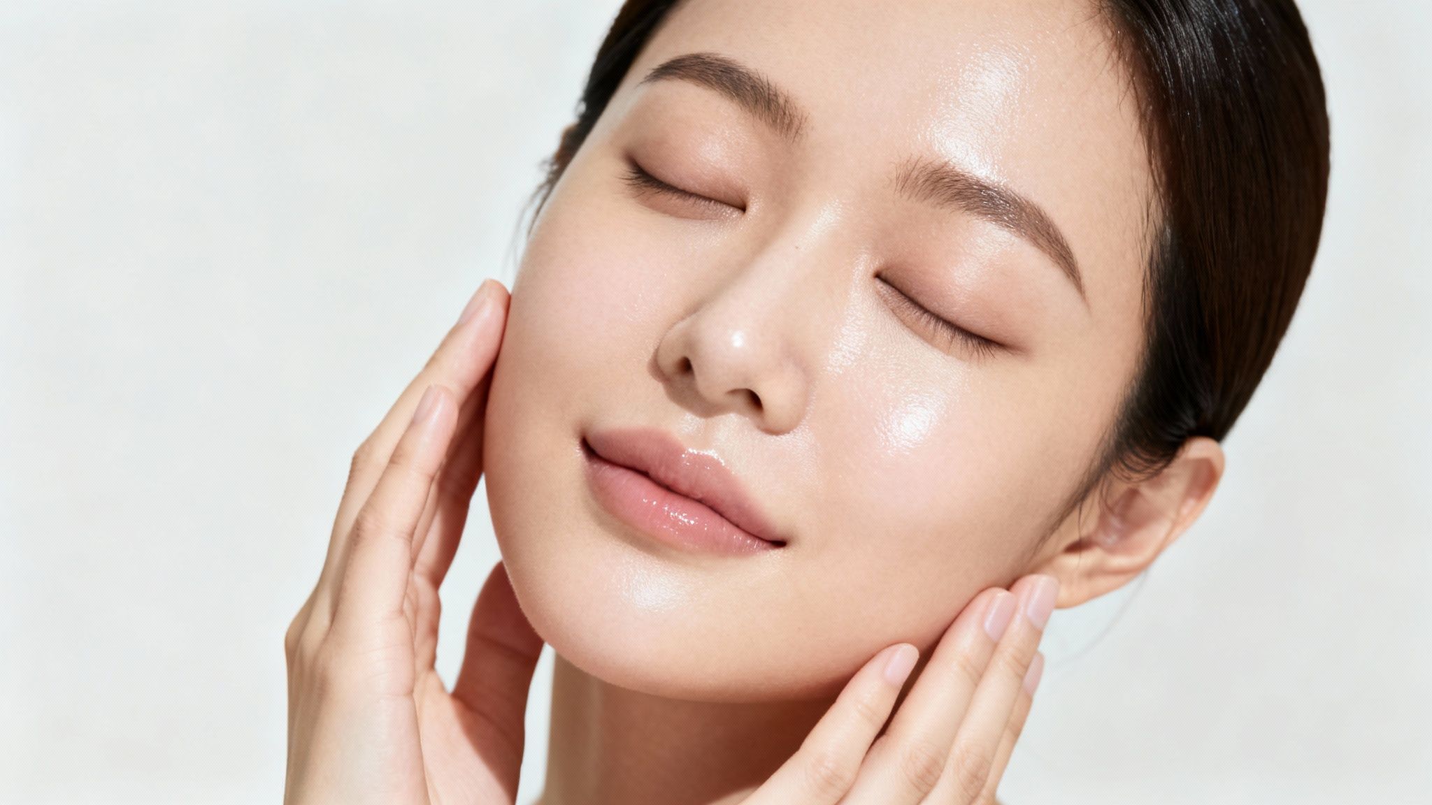 Close-up of a woman with glowing, hydrated skin, gently touching her face.