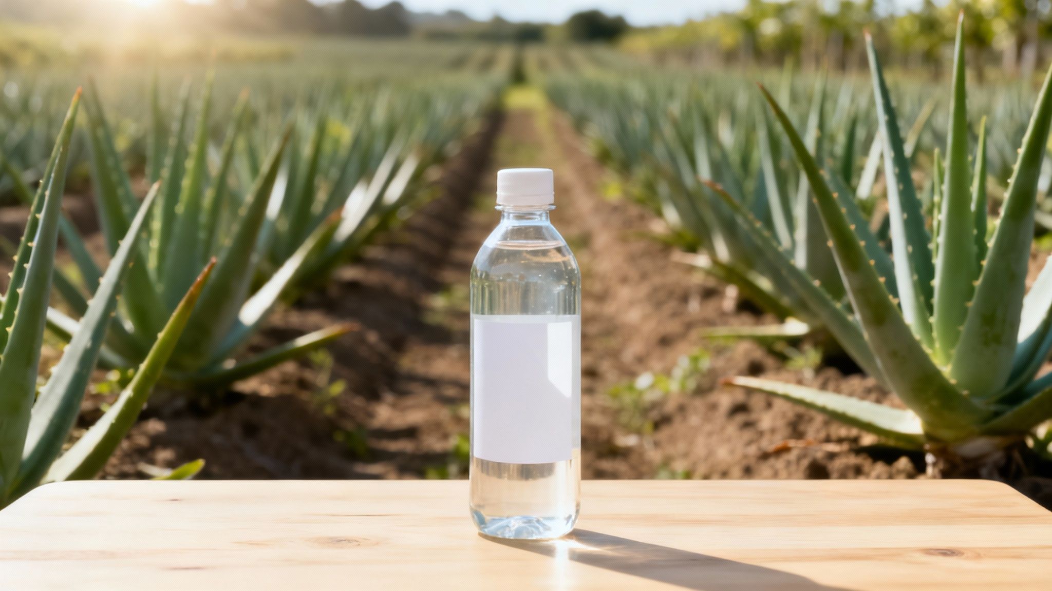 A clear bottle with a white label on a wooden surface, against a sunny aloe vera field.