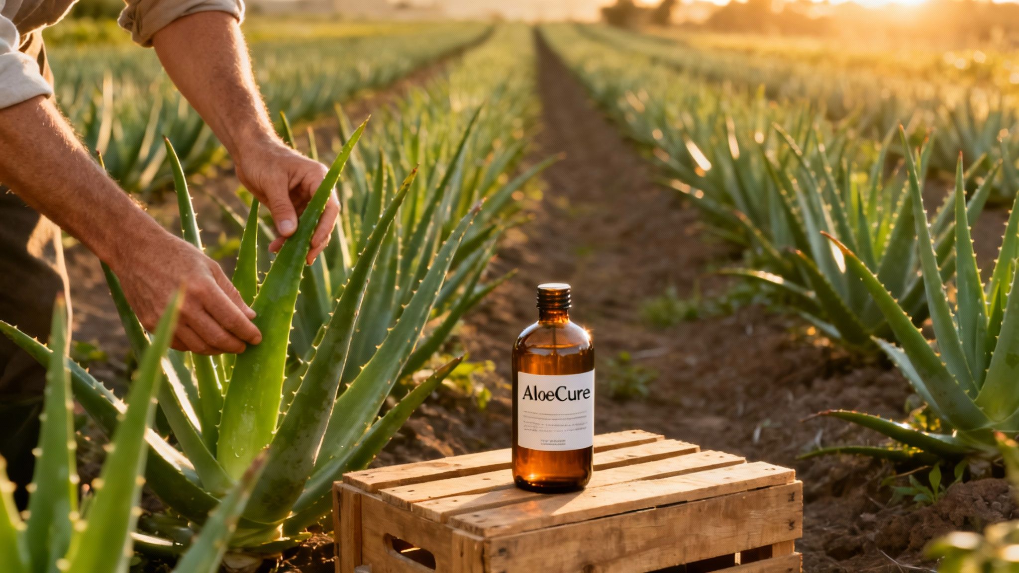 Farmer harvesting fresh aloe vera plants in field with AloeGure bottle for natural gut health supplement