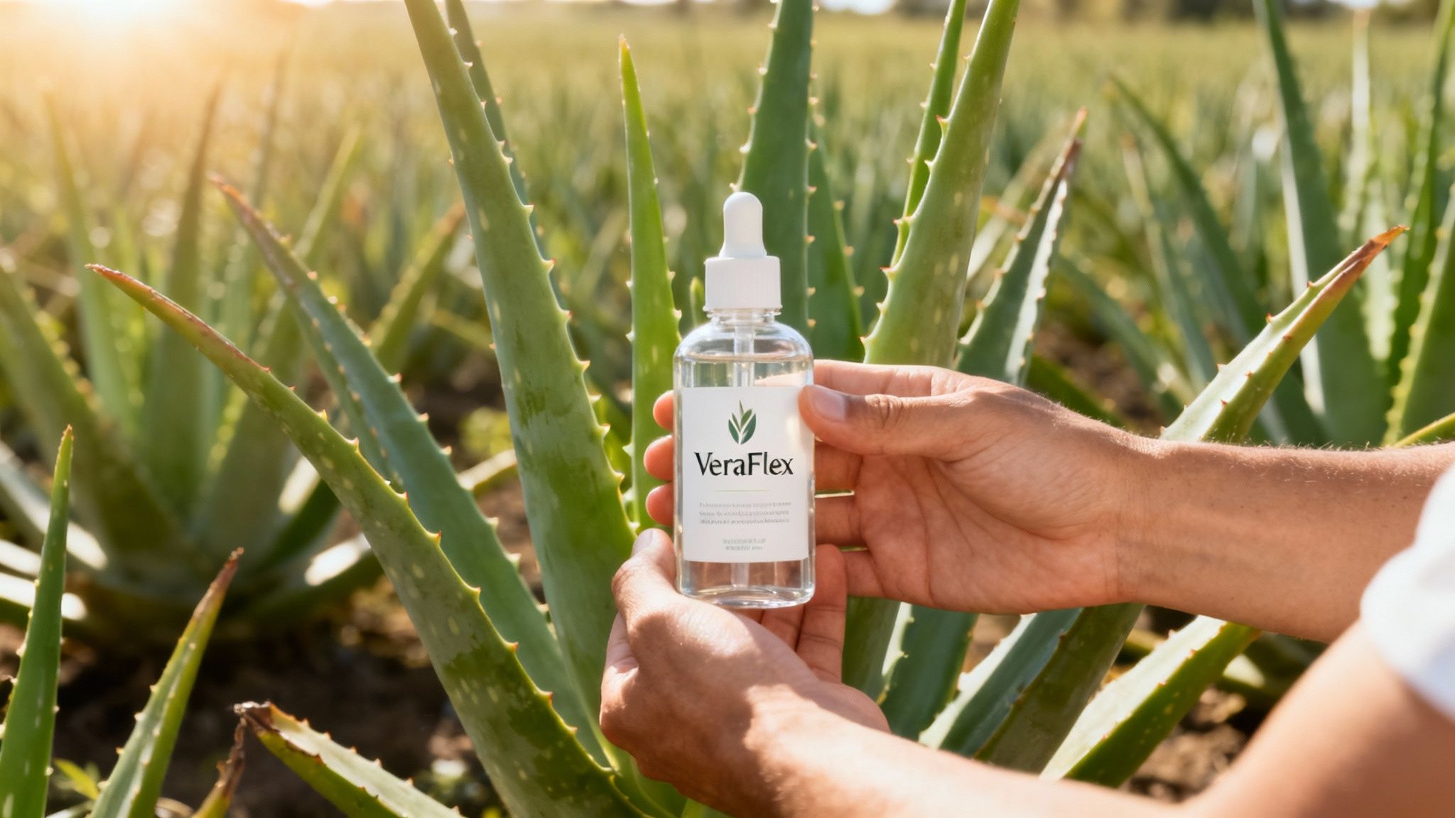 Hands holding a VeraFlex joint support supplement dropper bottle in a sunny aloe vera field.
