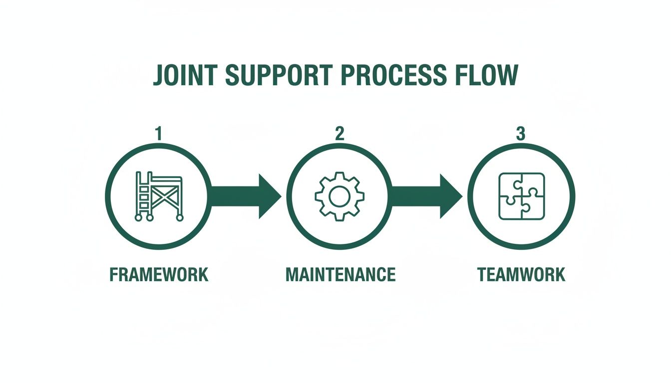 A process flow diagram illustrates joint support with three steps: framework, maintenance, and teamwork.