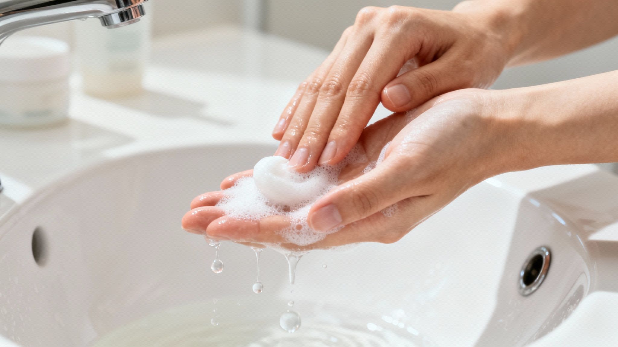 Close-up of hands washing with soap foam and water over a white bathroom sink.