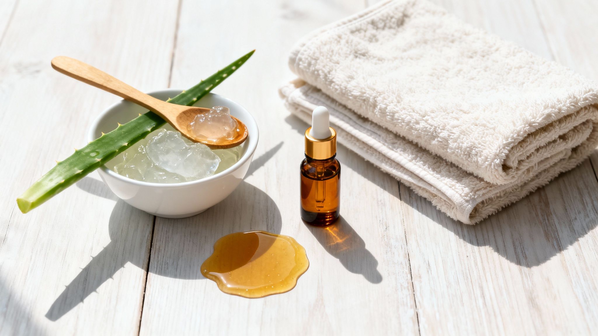 Natural skincare display with fresh aloe vera gel, a dropper bottle, and soft towels on wood.