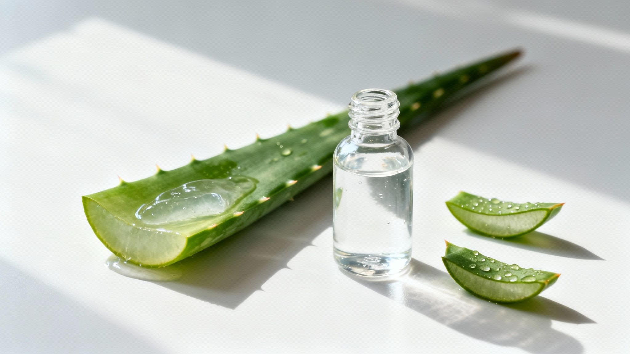 A fresh aloe vera leaf with gel, a small clear bottle, and slices on a white surface.