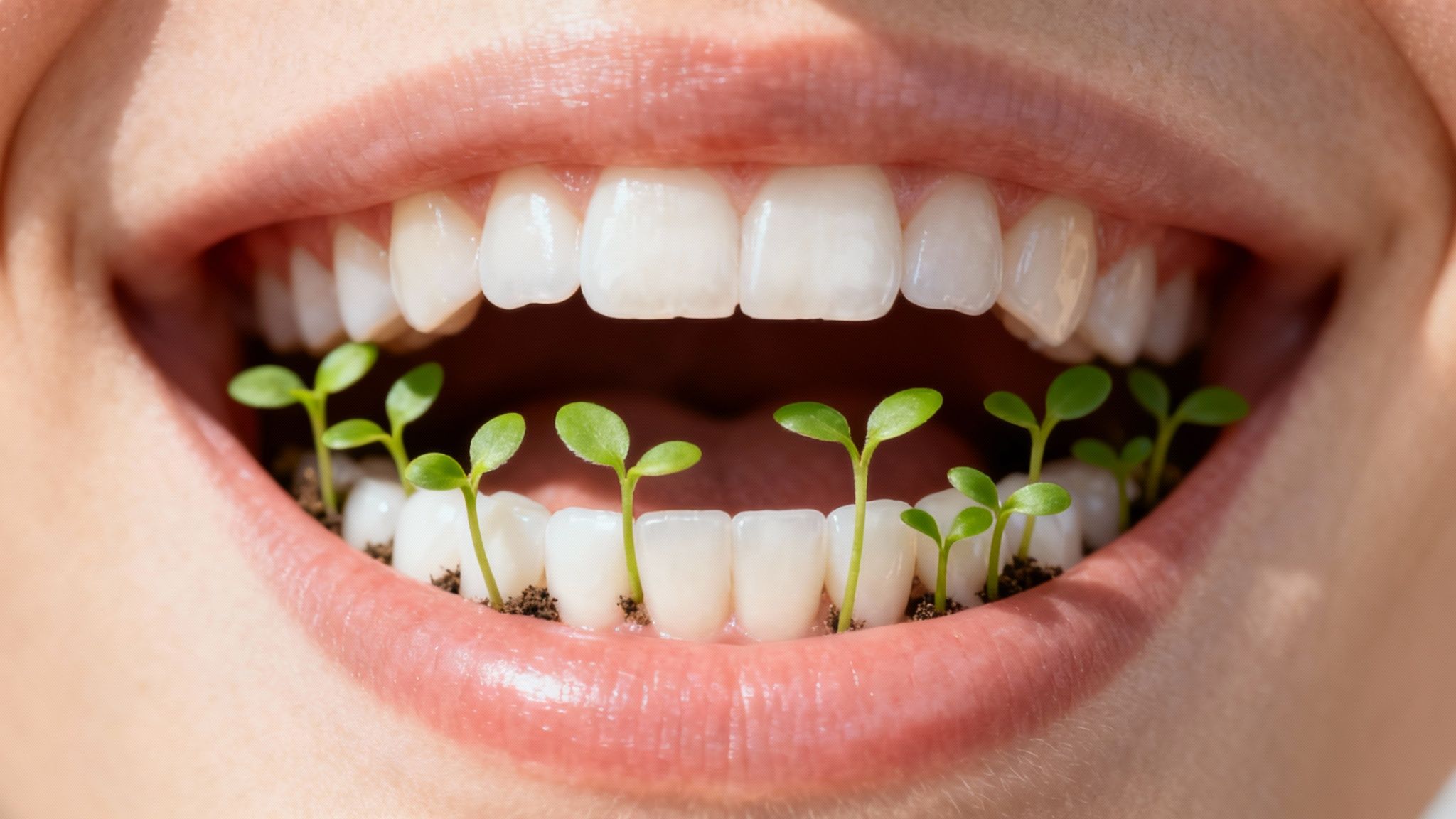 Close-up of a person's open mouth with healthy white teeth and small green plants growing from the gums.