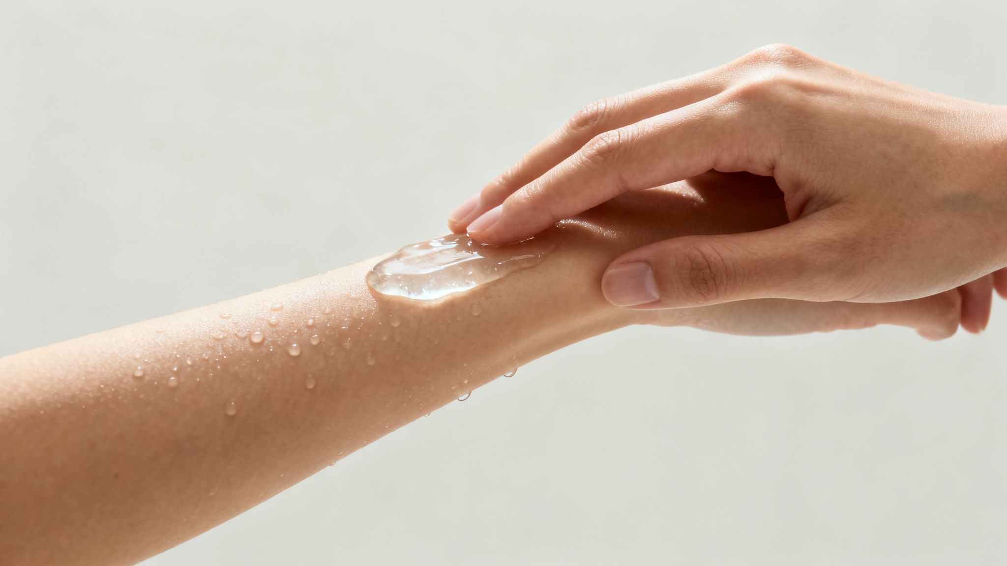 A hand applies clear aloe vera gel onto a moisturized arm with water droplets for hydration.