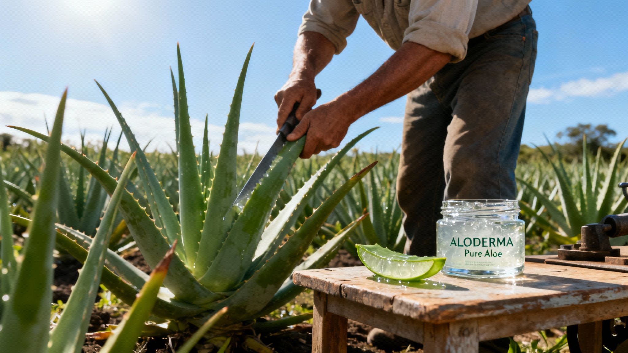 A person harvesting fresh aloe vera in a sunny field, with an Aloderma Pure Aloe gel jar on a wooden table.