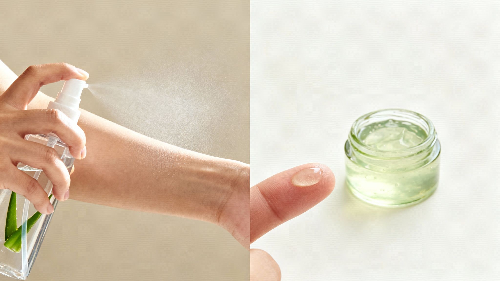 A bottle of aloe vera spray next to a jar of aloe vera gel on a clean, bright background.