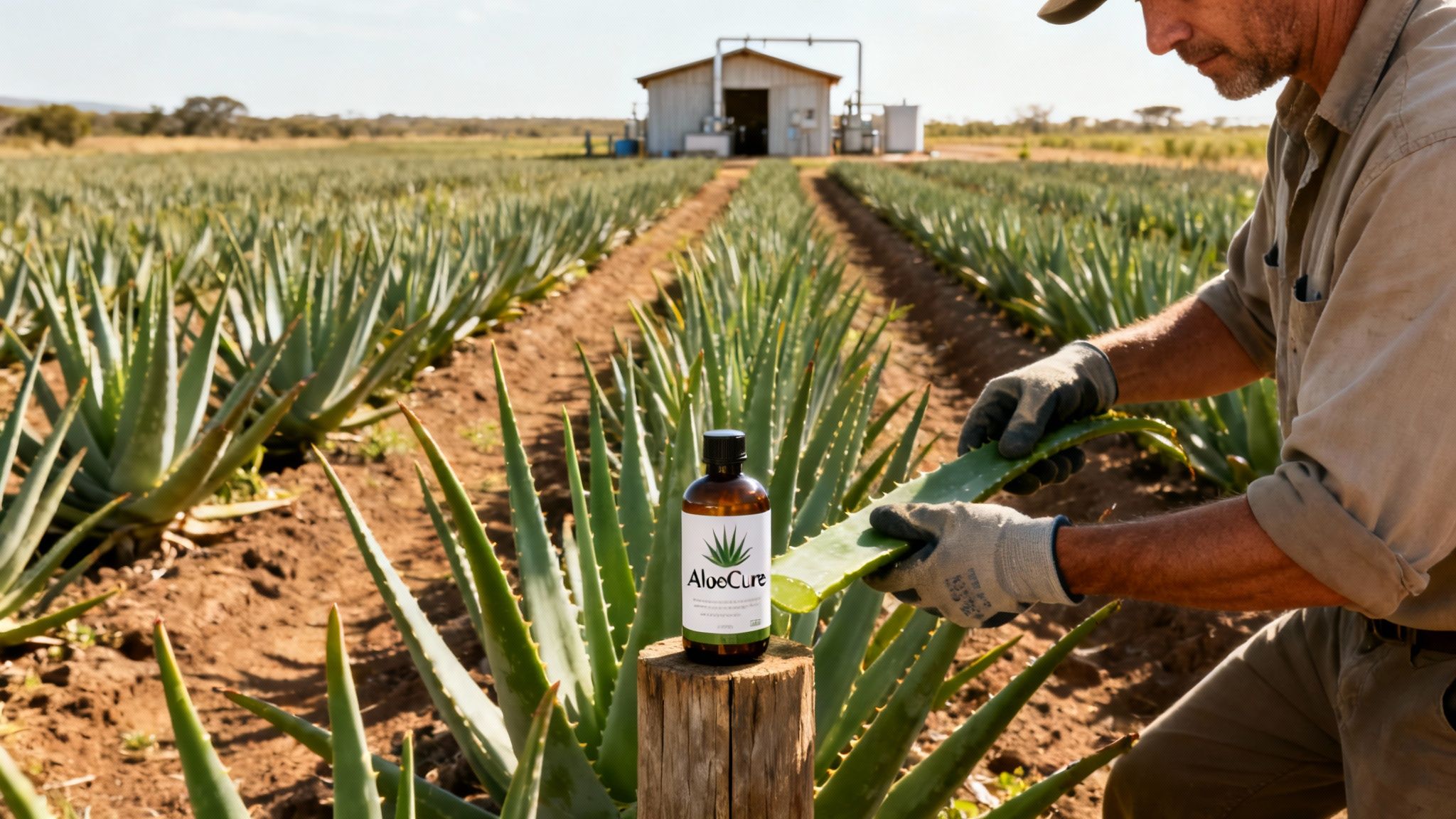 A man wearing gloves harvests fresh aloe vera in a sunny field with an AloeCure bottle.