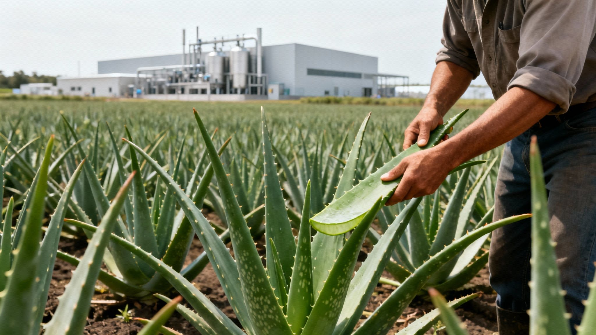 A person harvests aloe vera leaves in a large field with an industrial plant in the background.