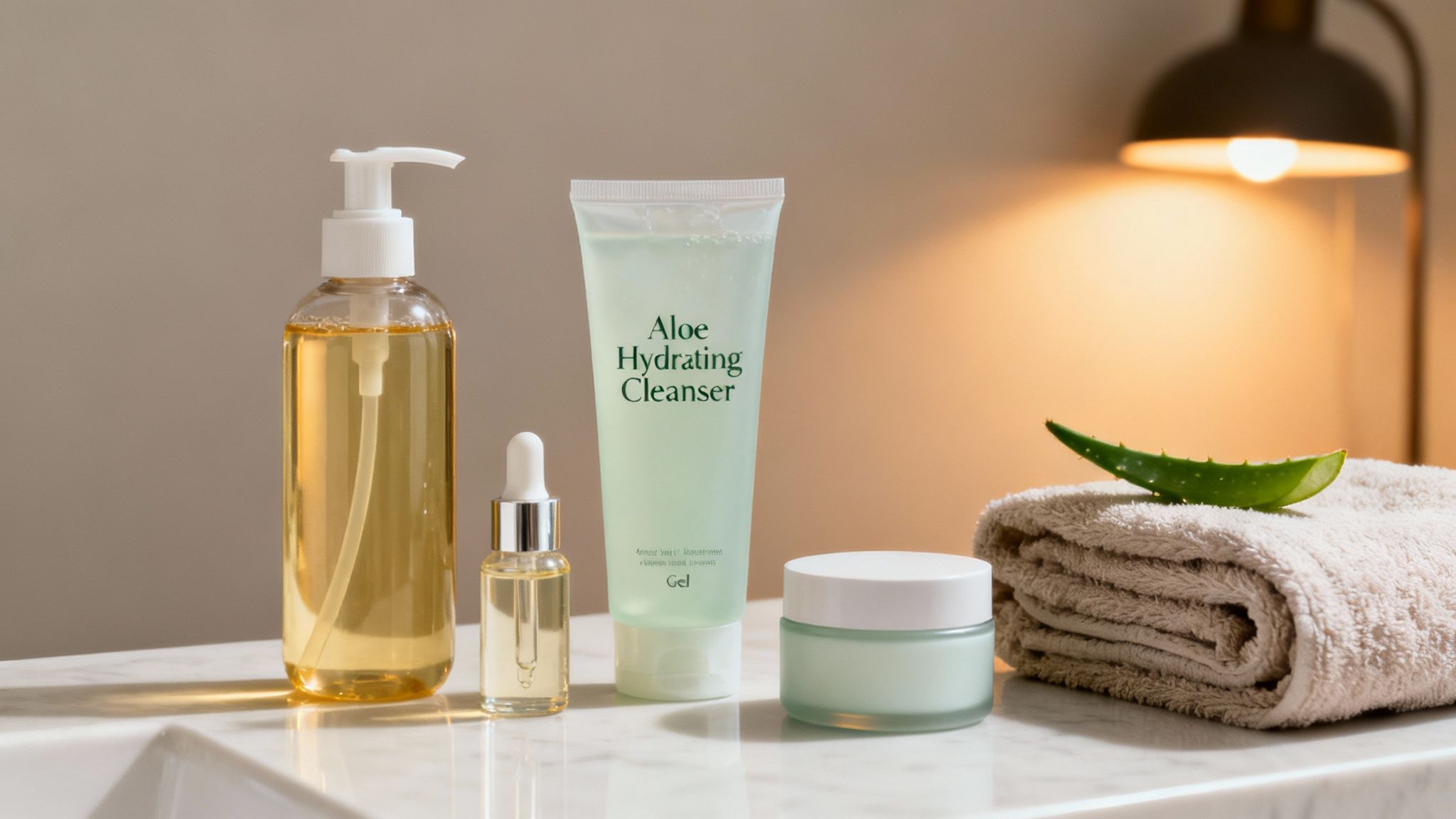 A collection of aloe vera based skincare products on a marble counter, including cleanser, serum, and cream, next to a towel and fresh aloe leaf.