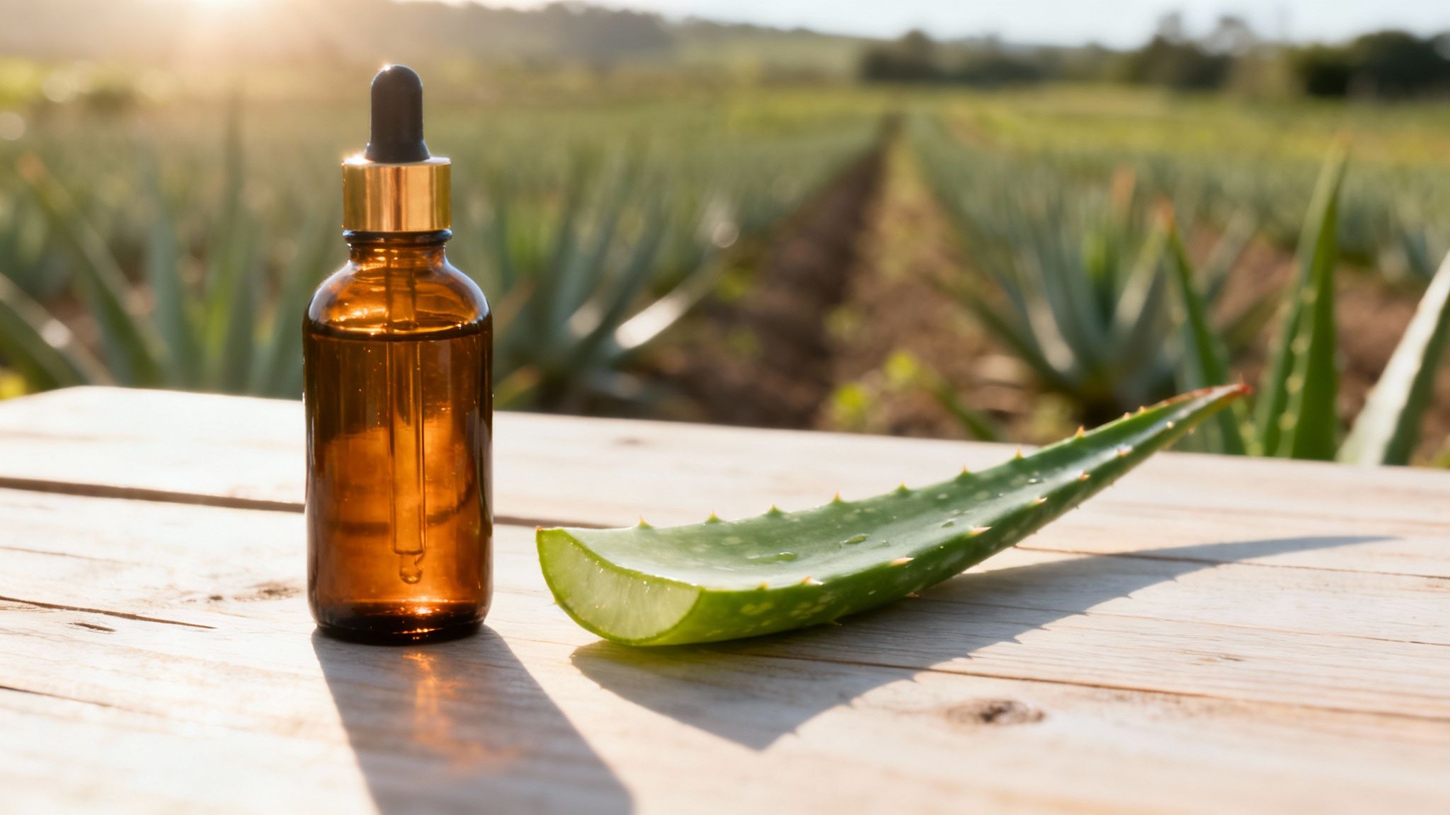 Amber dropper bottle and a fresh aloe vera leaf on a wooden table in a sunny field.