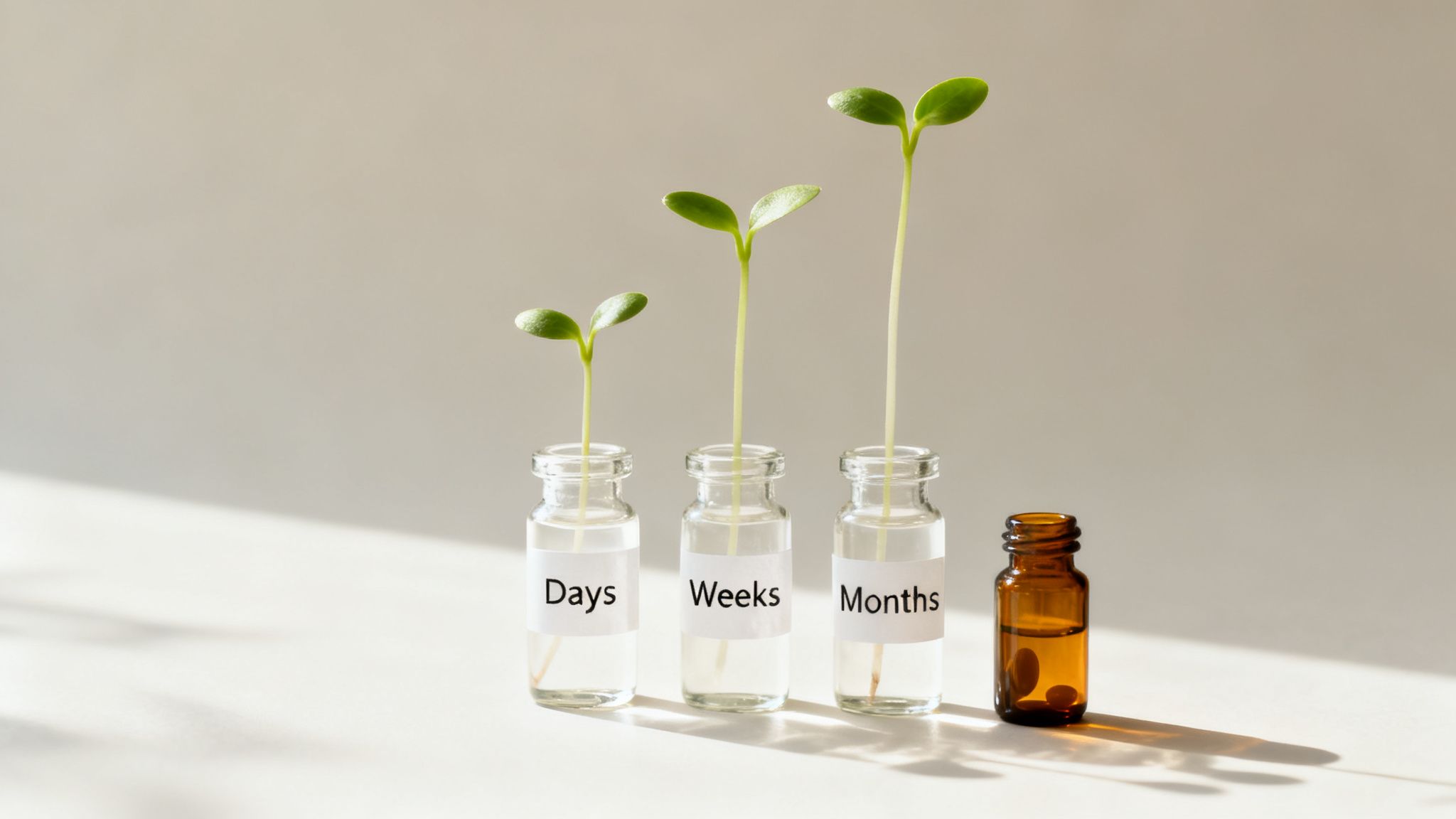 Three glass bottles with growing sprouts labeled 'Days', 'Weeks', 'Months' symbolizing progress, beside a pill bottle.