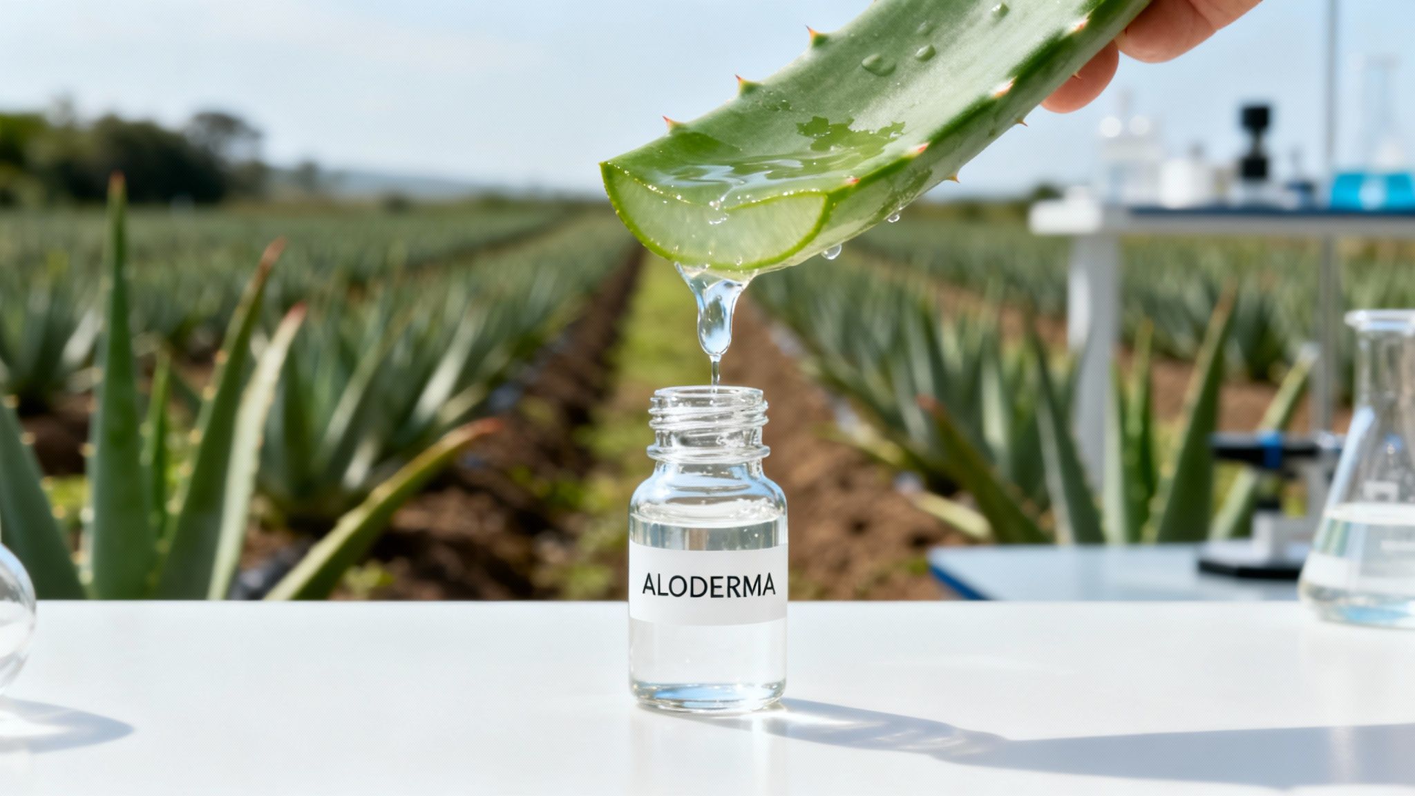 A hand squeezes fresh aloe vera gel from a vibrant leaf into an ALODERMA bottle on a white table amidst an aloe field.