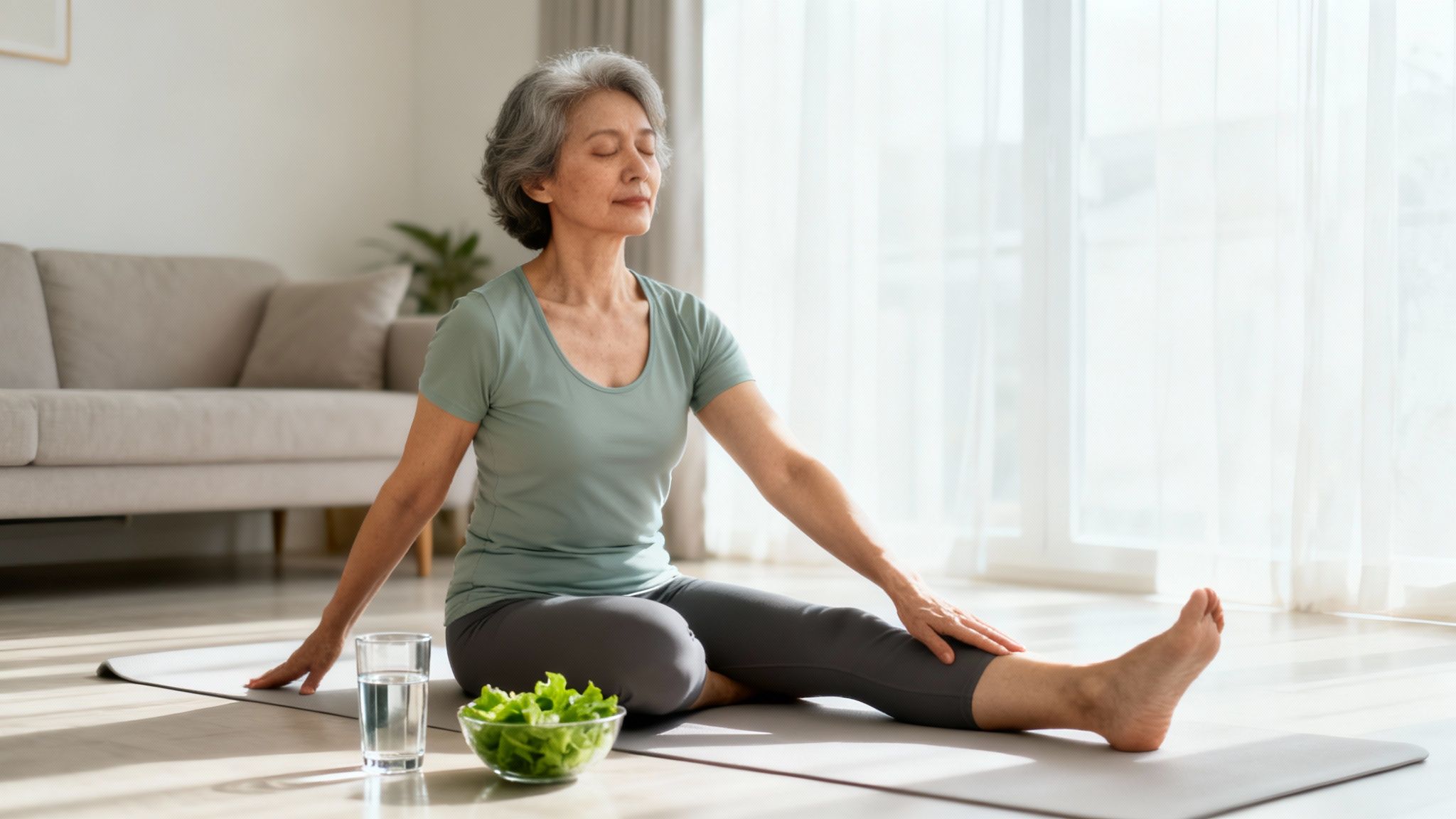 Elderly Asian woman meditating on a yoga mat with water and salad nearby.