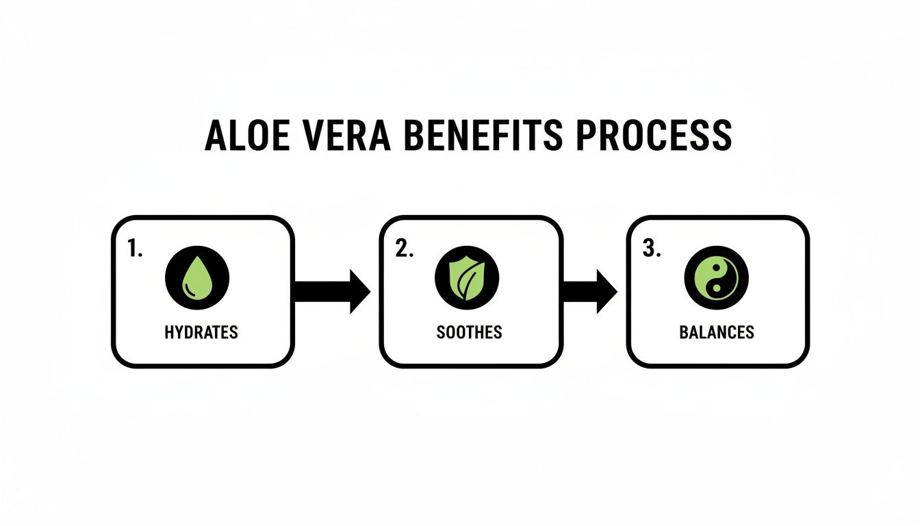 An infographic illustrating the three-step benefits of aloe vera: hydrates, soothes, and balances, with icons.