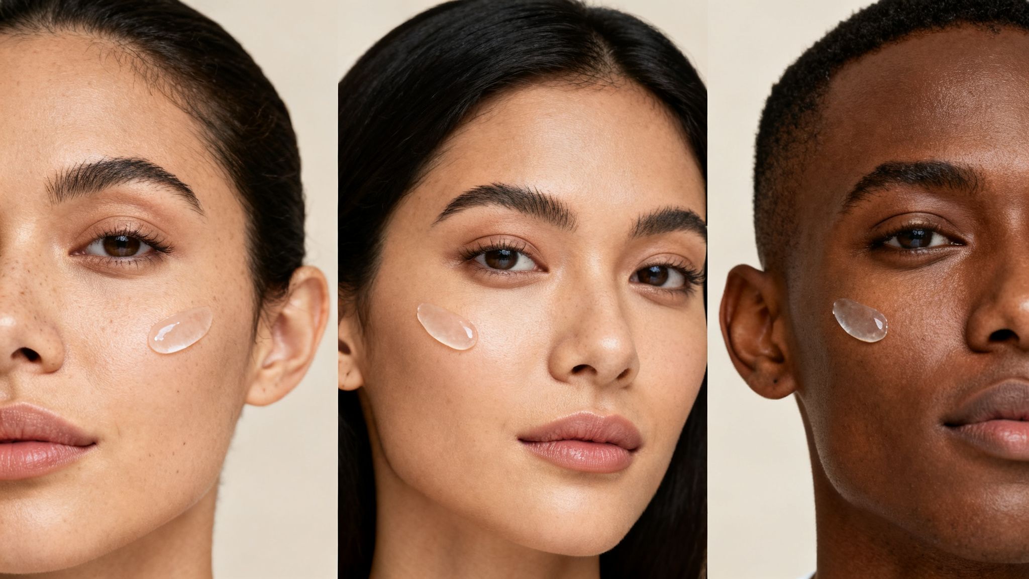 Three diverse people with varying skin tones apply clear gel to their cheeks, highlighting skincare.