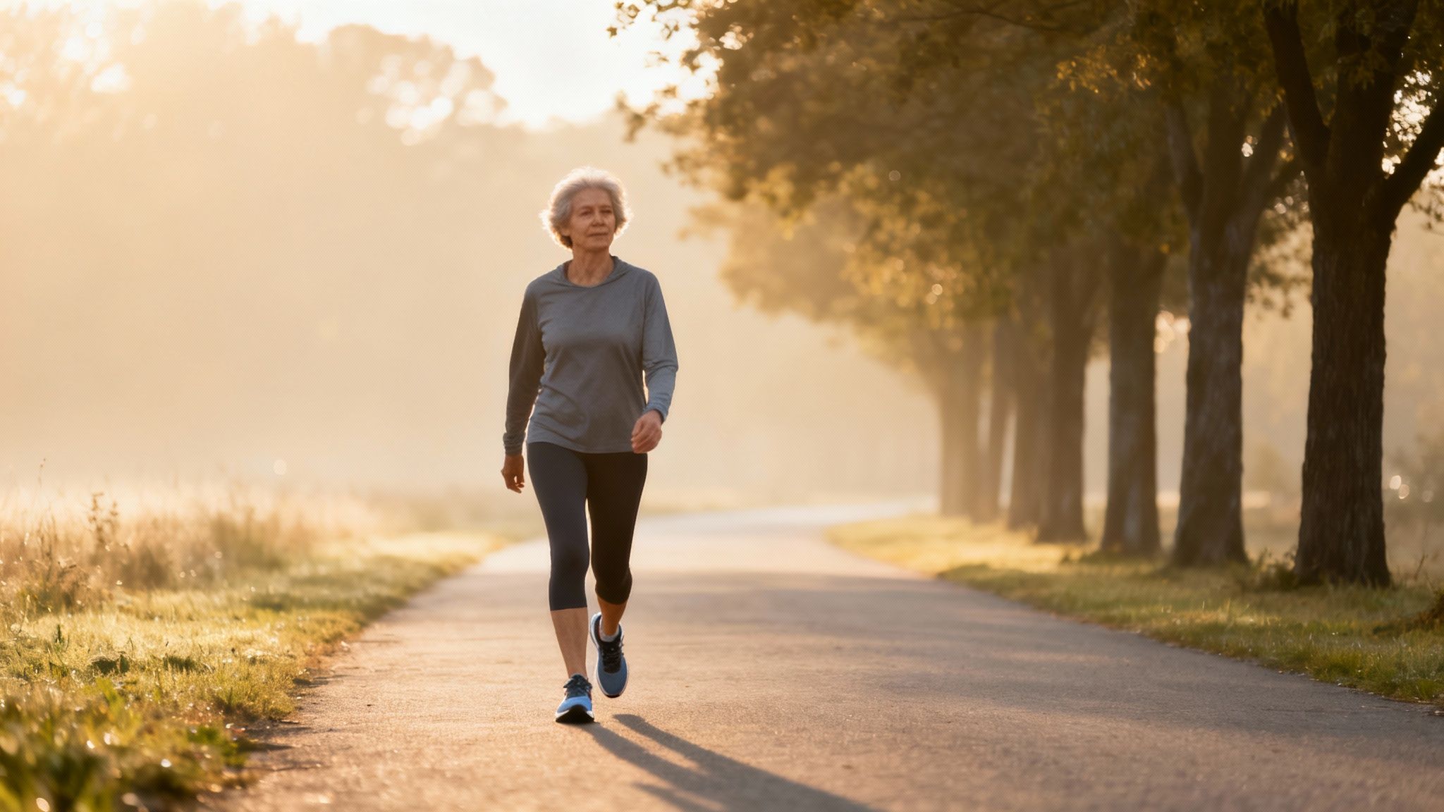 A mature woman walks briskly on a tree-lined path in the early morning sunlight.