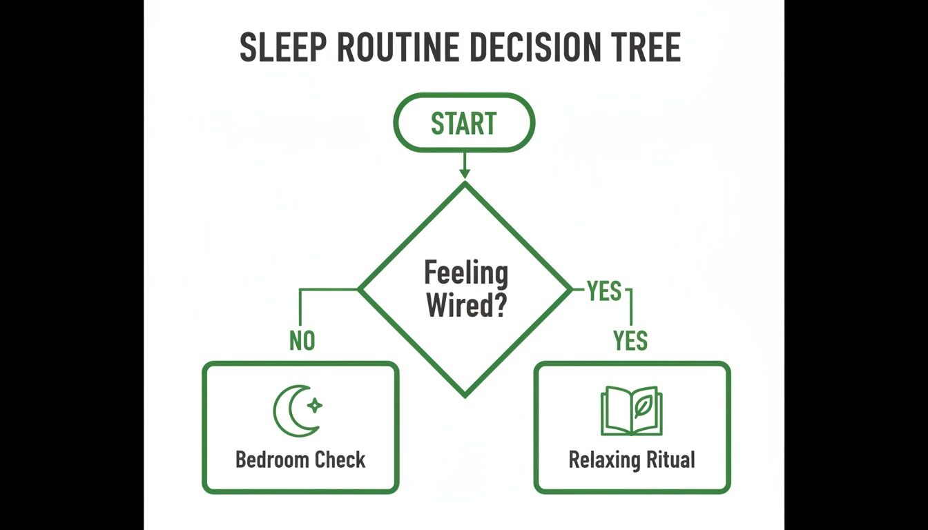 A sleep routine decision tree flowchart. Start, then 'Feeling Wired?' question. No leads to 'Bedroom Check', Yes to 'Relaxing Ritual'.