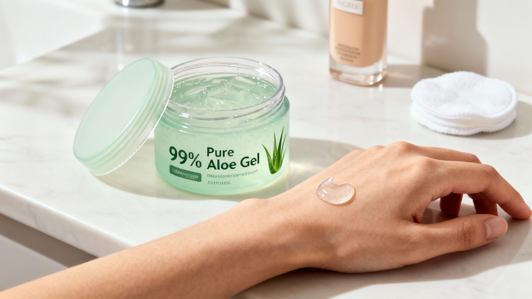 A person's hand with a dollop of pure aloe vera gel, next to an open jar of the gel on a counter.