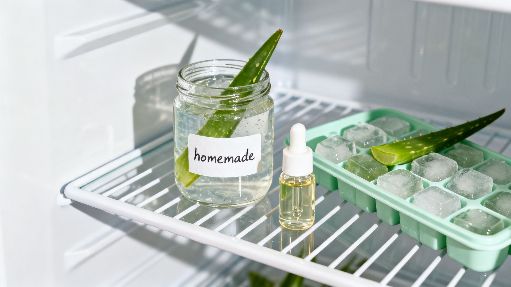 Homemade aloe vera leaf infusion, essential oil, and ice cubes in a refrigerator.