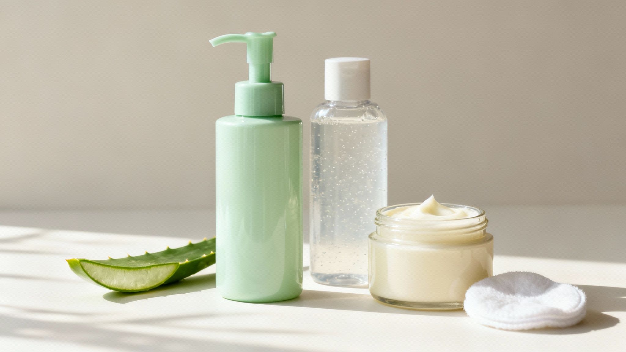 Natural aloe vera skincare set with cleanser, toner, moisturizer, and cotton pad.