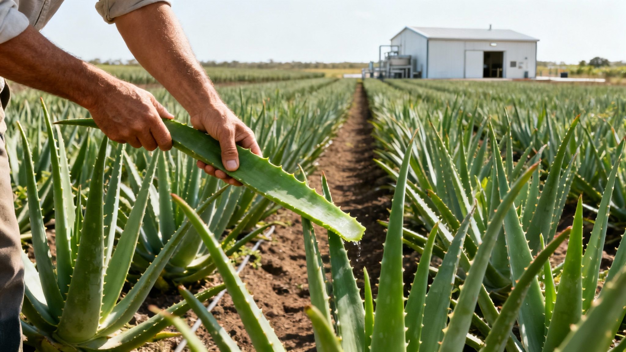 Close-up of a person's hands harvesting a large aloe vera leaf in a vast field, with a factory building in the background.