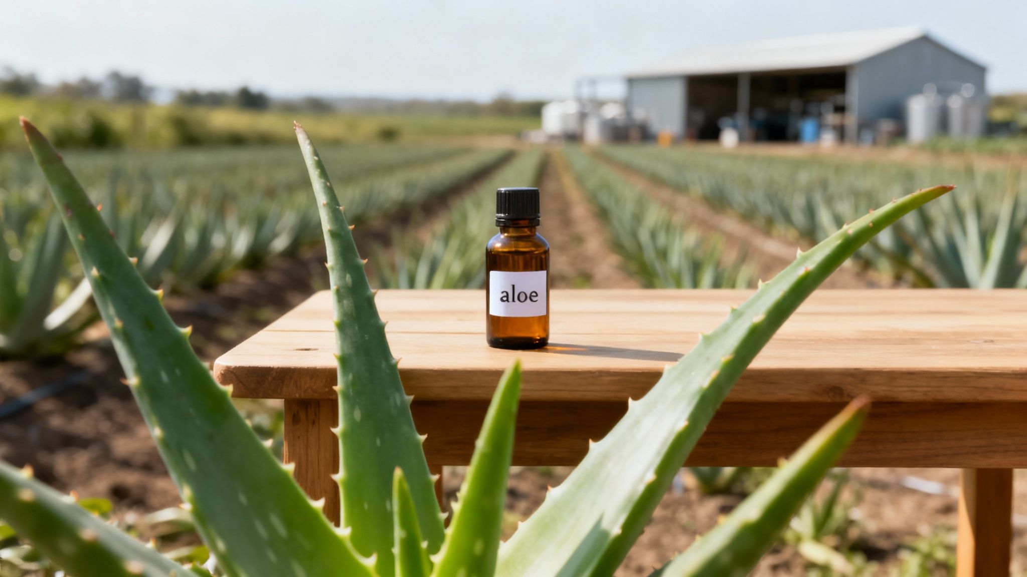 A lush, green field of organically grown aloe vera plants under a clear blue sky