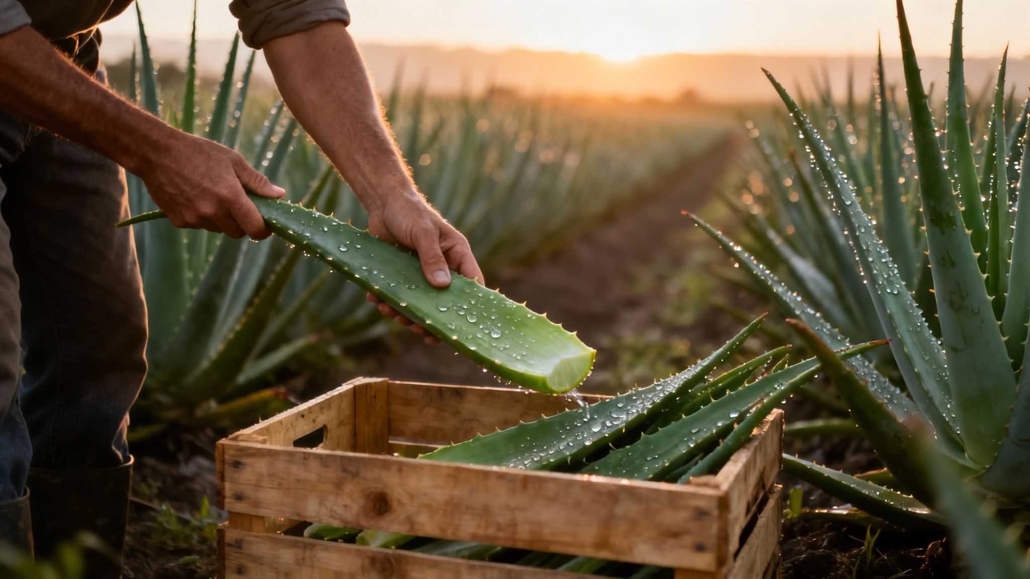 Close-up of a farmer harvesting fresh, dewy aloe vera leaves into a wooden crate at sunrise.