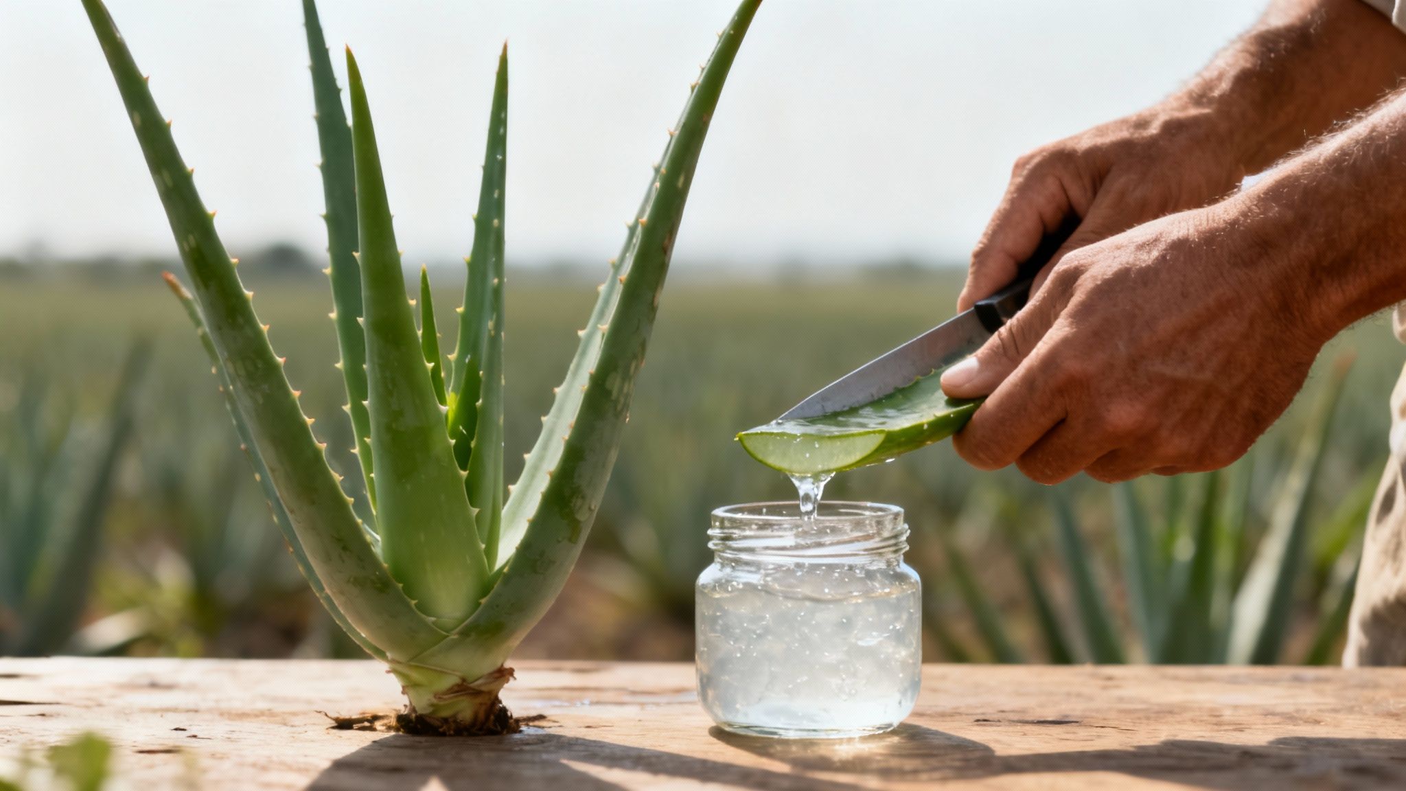 Hands extract fresh aloe vera gel from a cut leaf into a jar, with a plant and field.