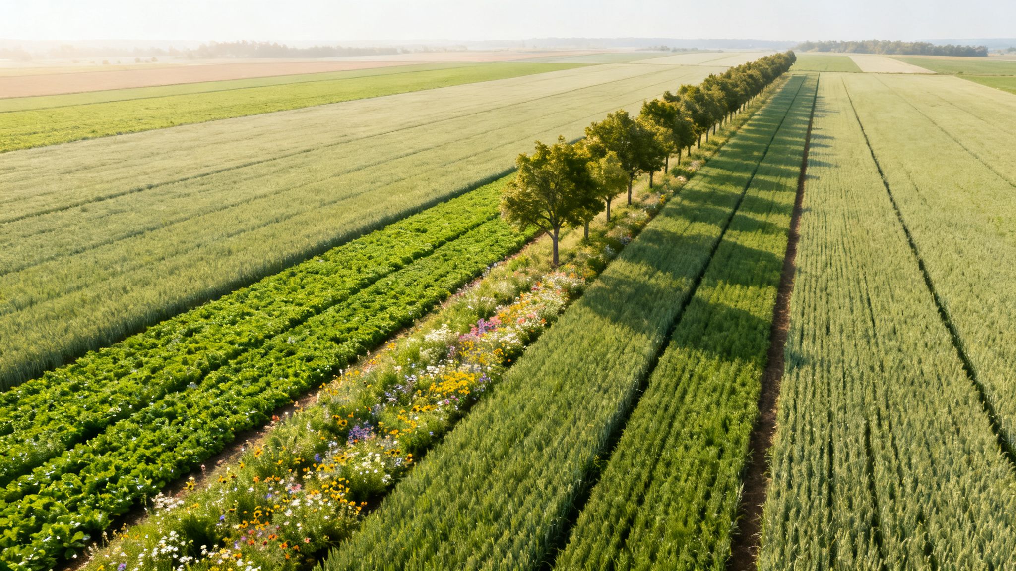 Aerial view of diverse agricultural fields with rows of green crops, colorful wildflowers, and a line of trees.