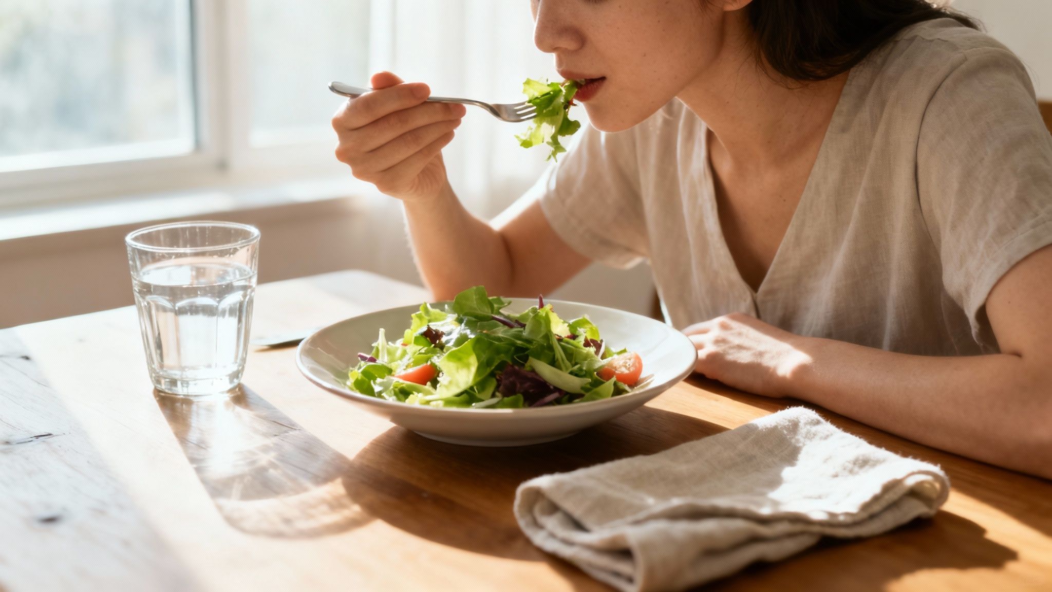 A person meditates in a calm, natural setting, symbolizing stress management for digestive health.