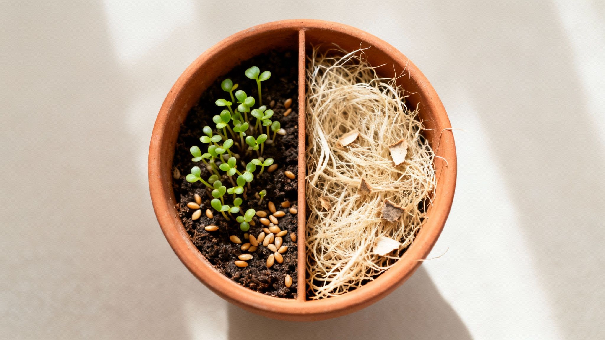 A terracotta pot divided into two halves: one with green sprouts and seeds, the other with dry fibers.