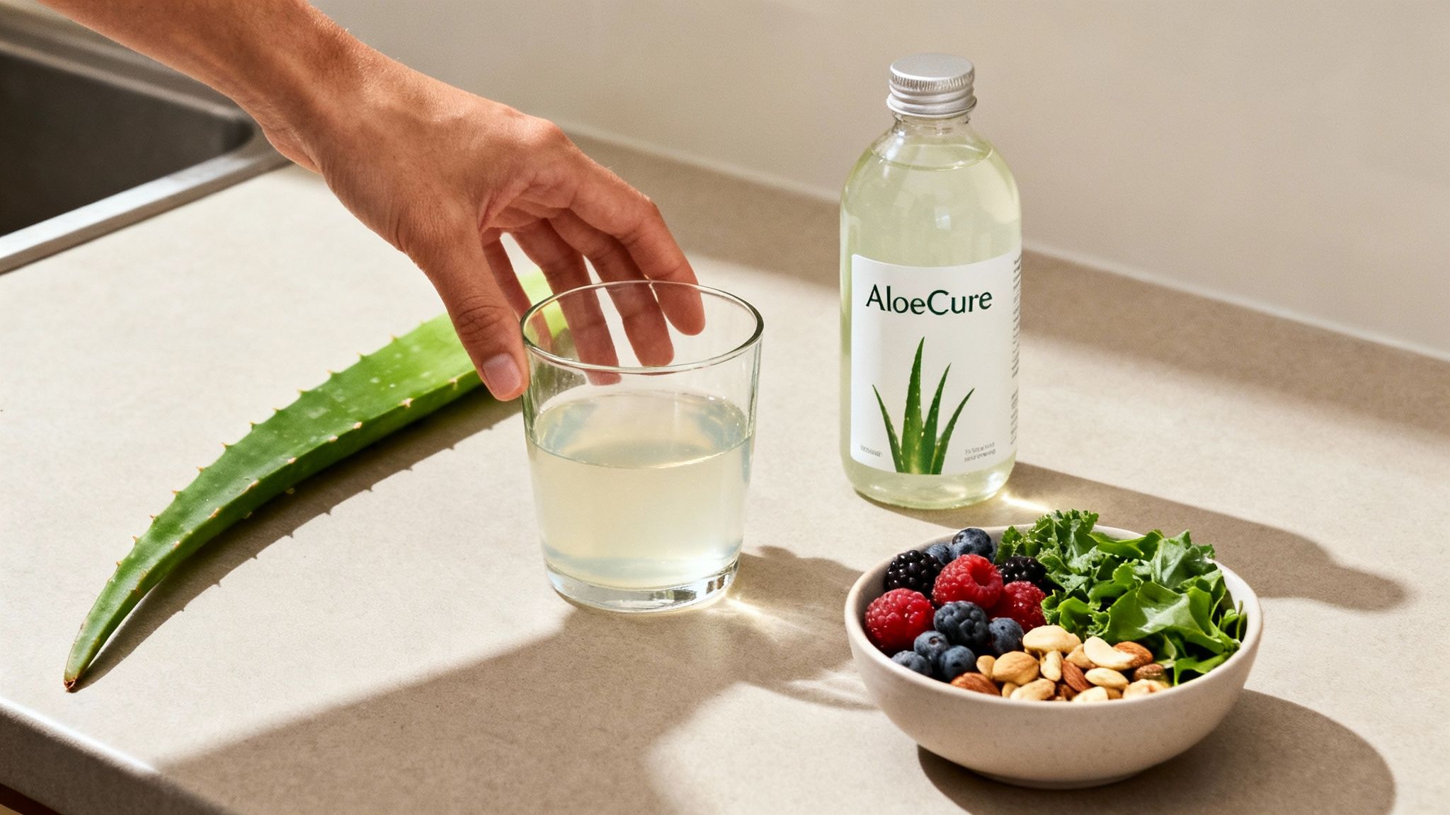 Hand reaches for a glass of aloe vera juice, with bottle, fresh leaf, and healthy bowl.