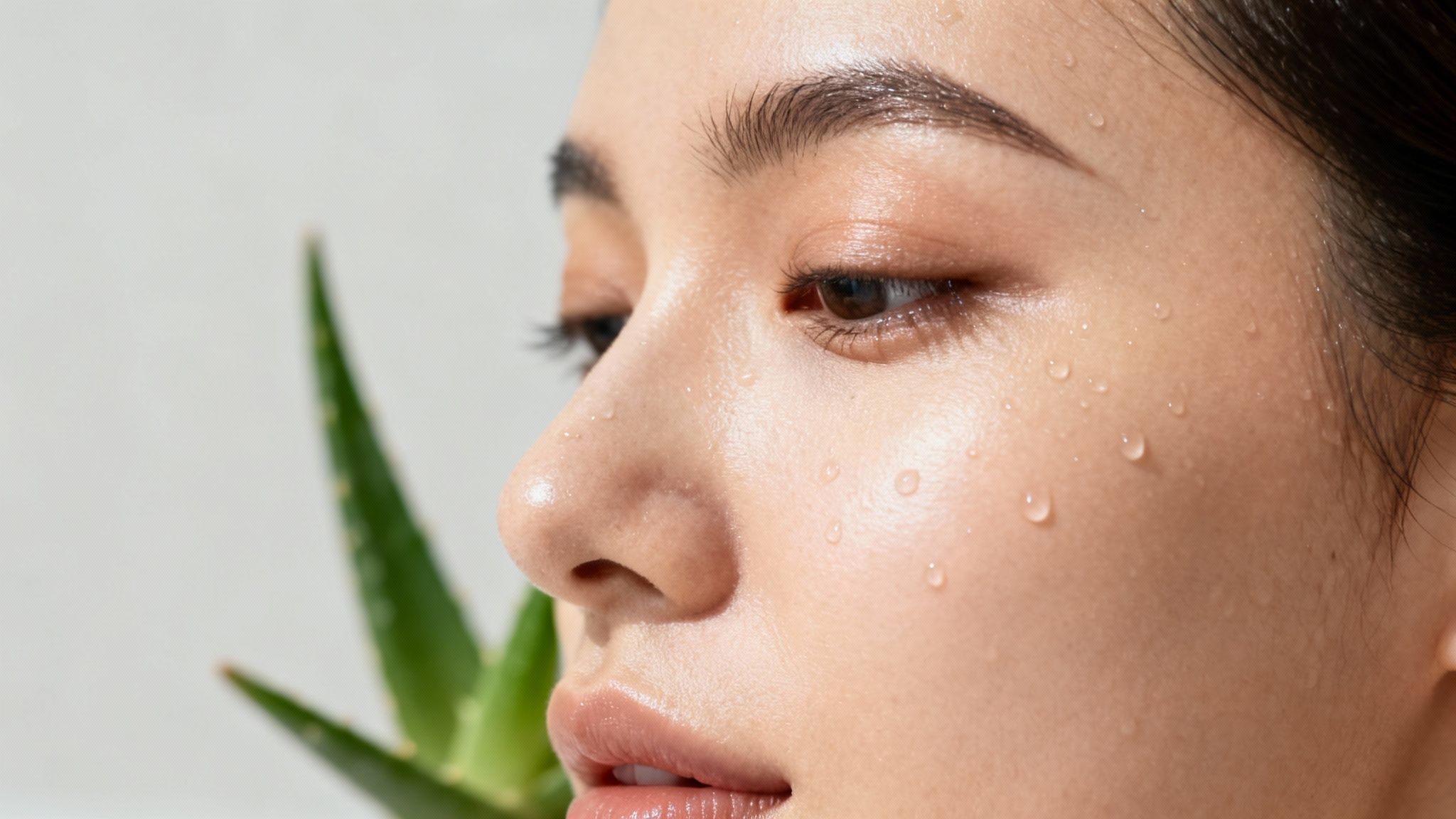 Close-up of a person's hydrated face with water droplets and an aloe vera plant.