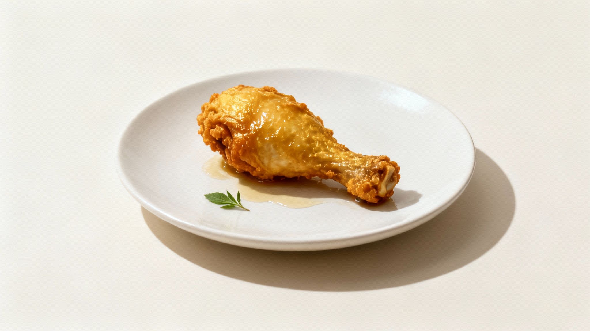 A golden-brown fried chicken drumstick coated in a shiny glaze, served on a white plate with a small green herb.