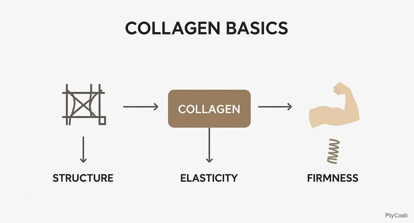 Diagram showing collagen basics with icons illustrating structure, elasticity, and firmness benefits