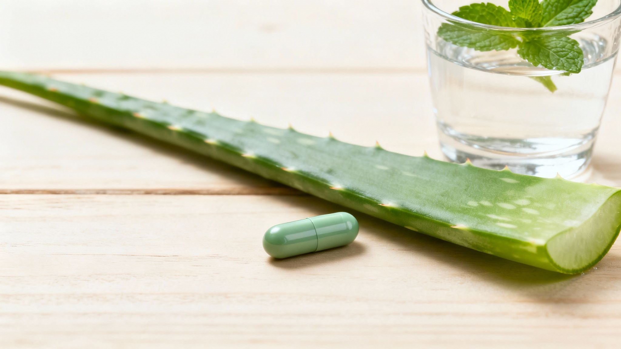 A soothing image of aloe vera leaves next to a glass of water, symbolizing digestive comfort.