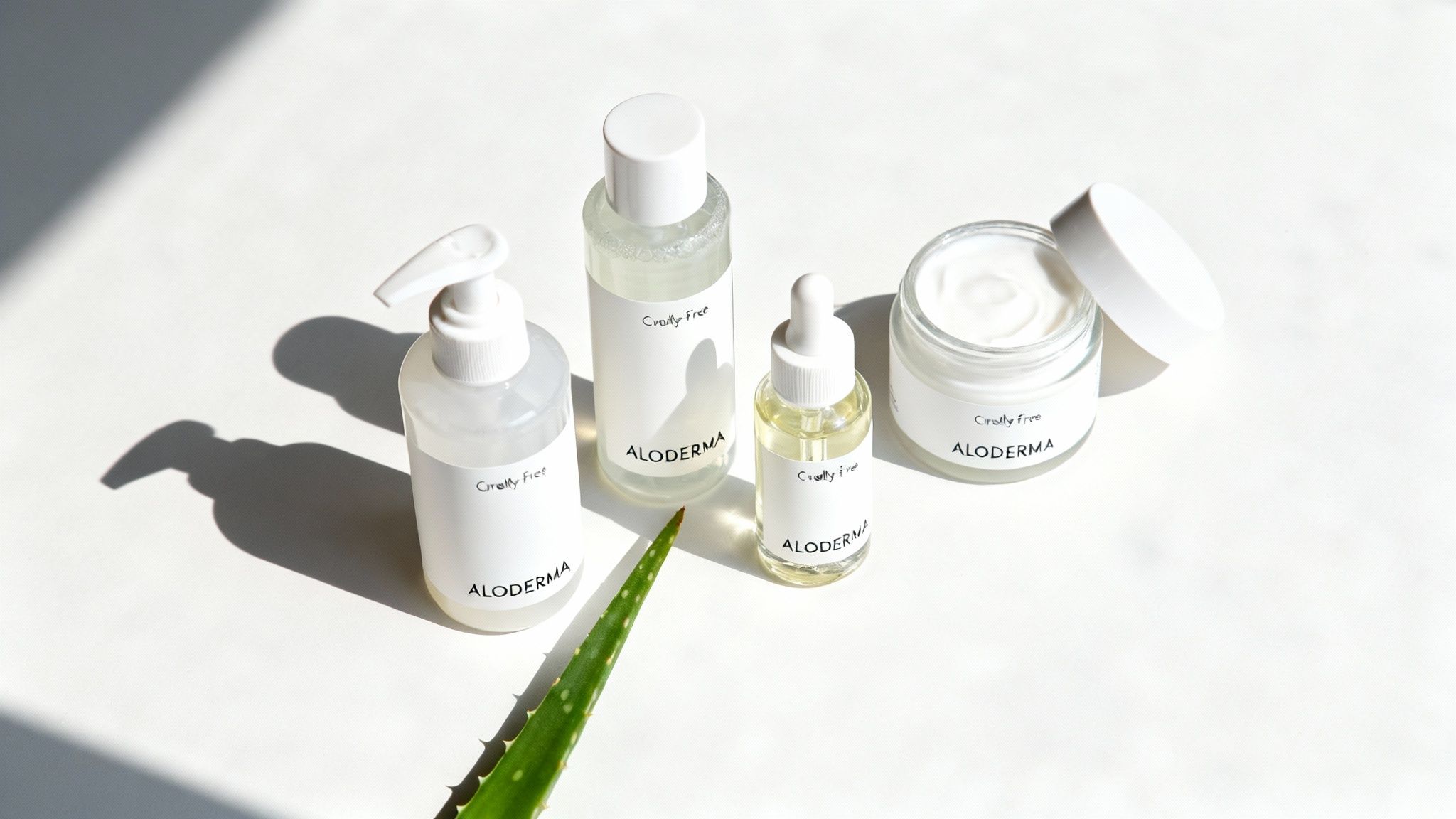 Four ALODERMA cruelty-free skincare products and an aloe vera leaf on a white surface.