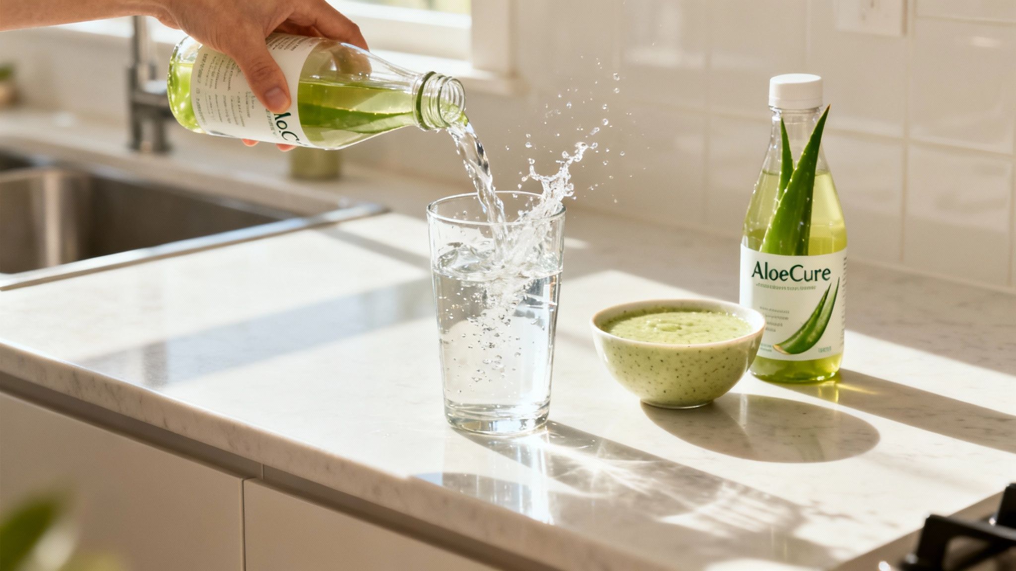A hand pours green aloe vera drink into a glass, splashing liquid on a bright kitchen counter.