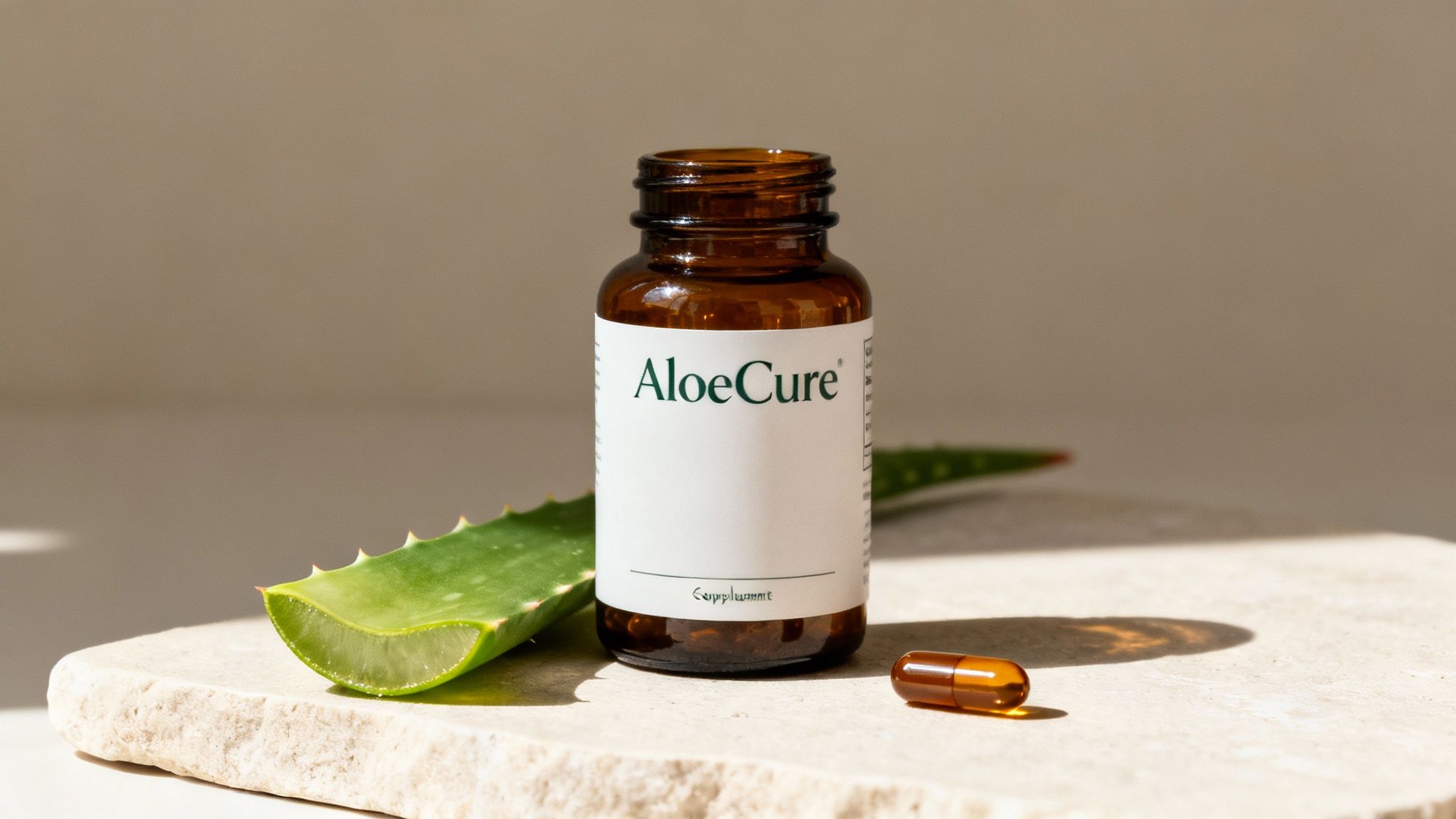 A person holding aloe vera capsules in their hand, with a fresh aloe vera plant in the background.