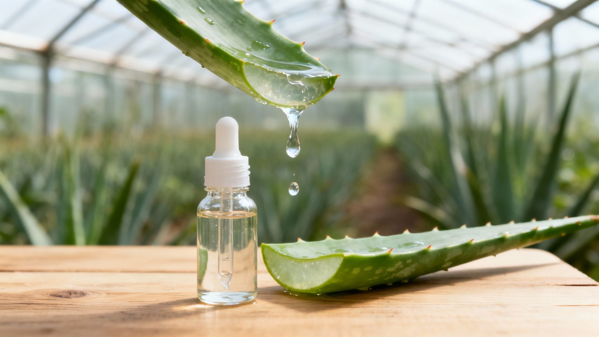 Fresh aloe vera gel dripping into a serum bottle on a wooden table, in a greenhouse.