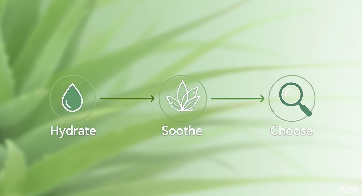 A three-step process: Hydrate (water drop), Soothe (leaves), and Choose (magnifying glass), on an aloe vera background.