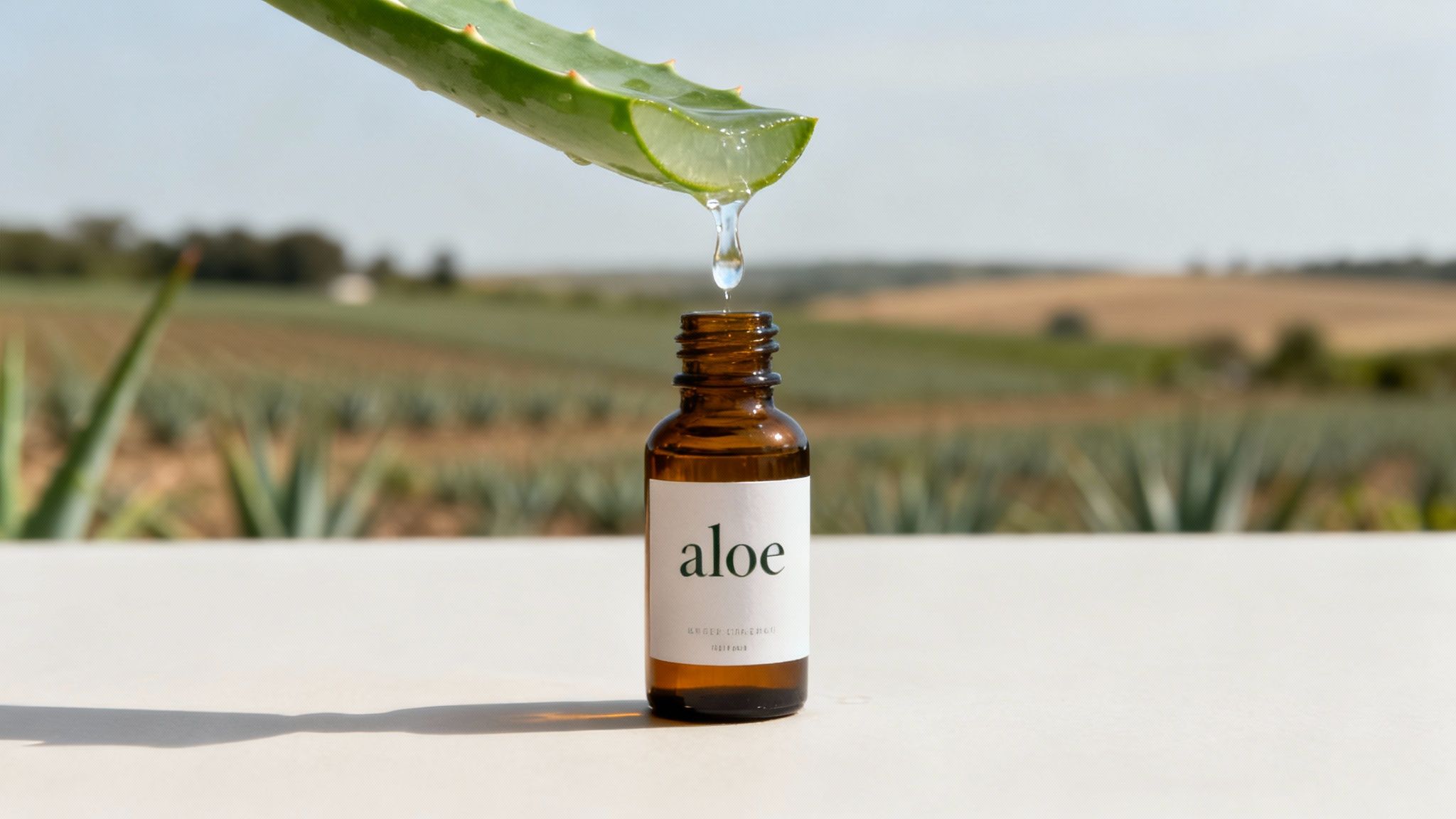 A hand holds a freshly cut aloe vera leaf, with the farm and processing facility visible in the background.