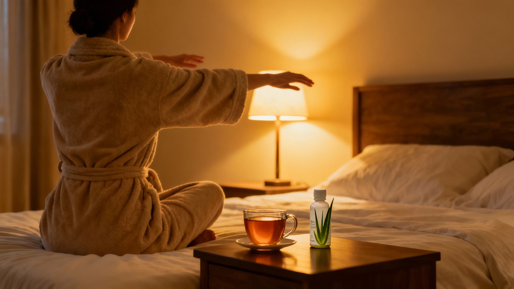 Woman enjoying a calm evening with a cup of tea.