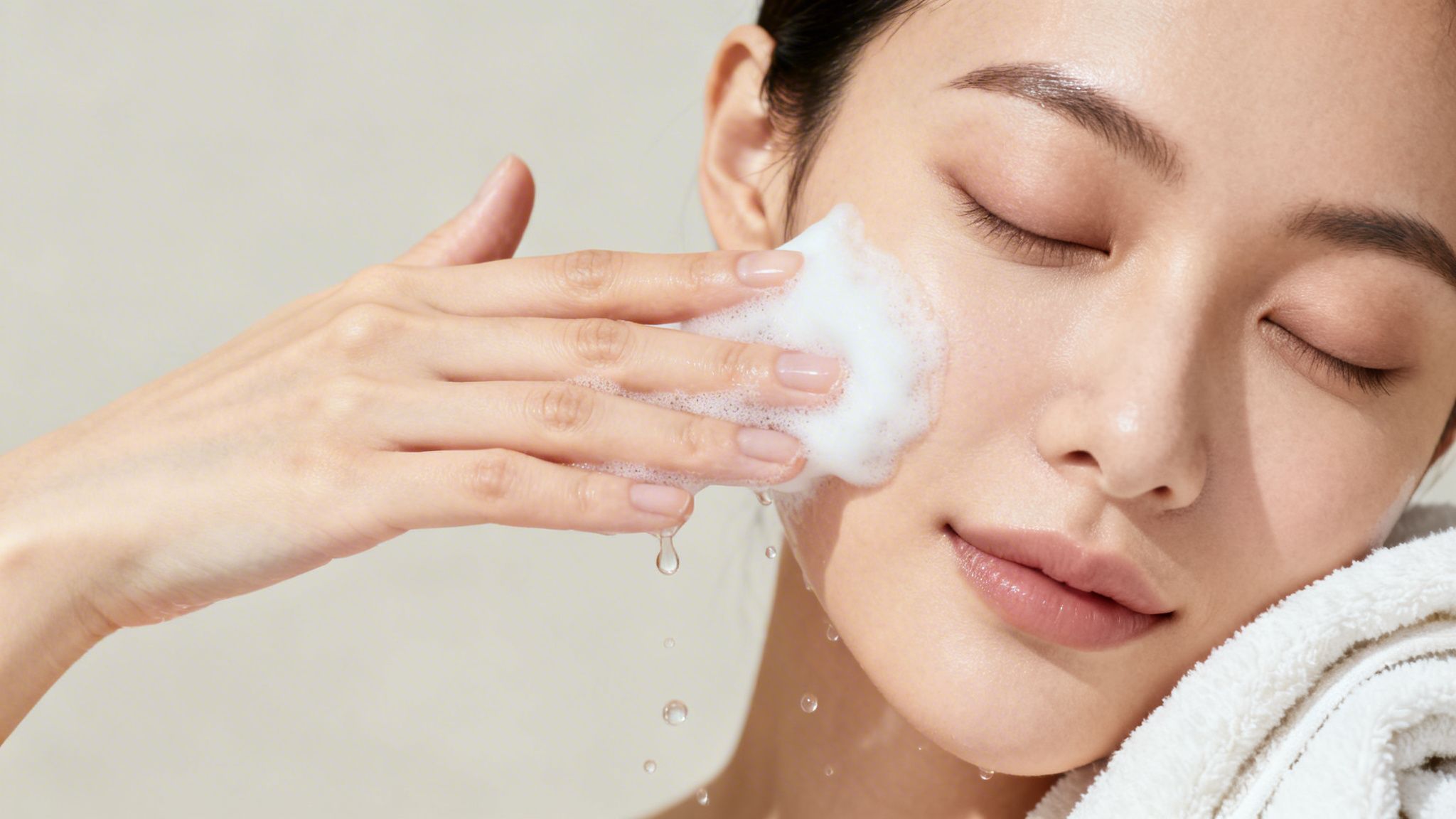 Close-up of a woman gently cleansing her face with a foamy product and water, with a white towel.