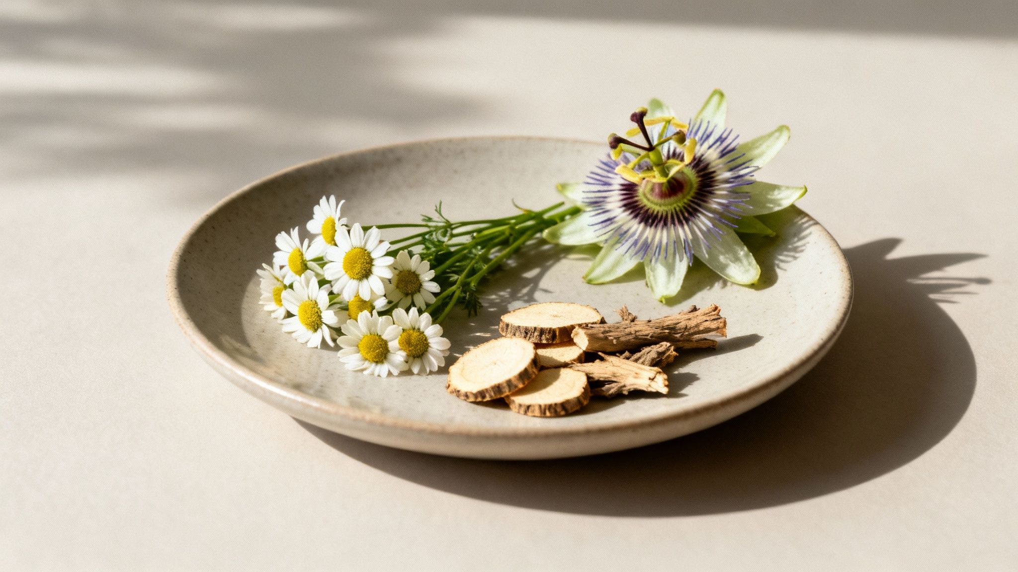 Chamomile flowers, a passion flower, and natural root slices on a plate, symbolizing herbal remedies.