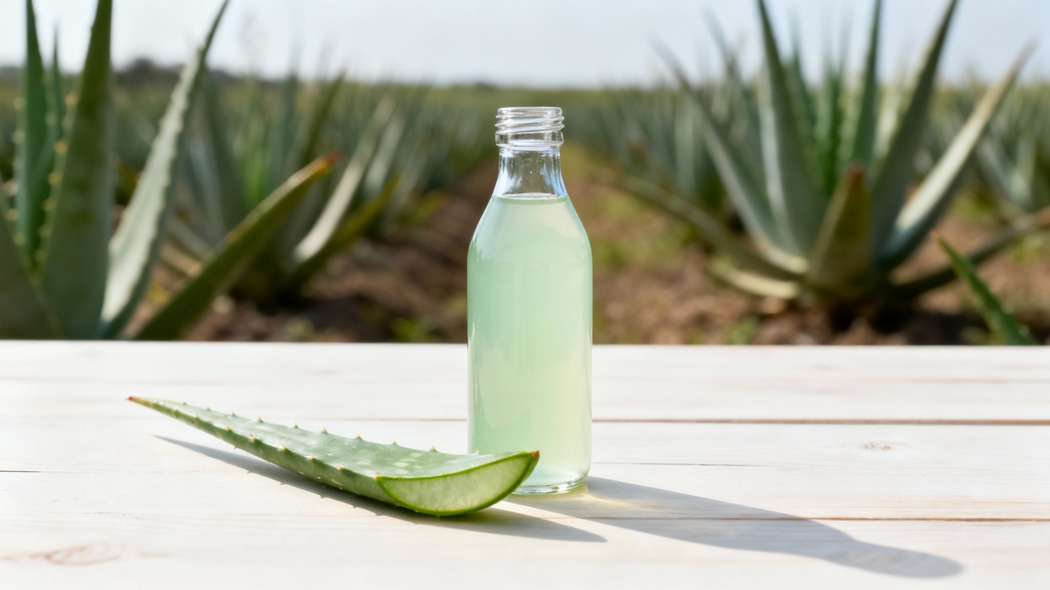 Aloe vera juice in a bottle and a fresh cut leaf on a wooden table, with an aloe field.
